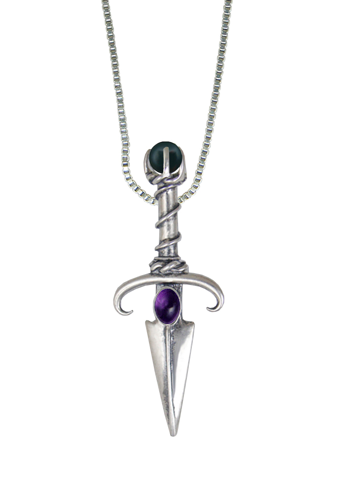 Sterling Silver Black Prince's Knife Dagger Pendant With Amethyst And Bloodstone